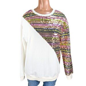 Large White Crewneck Long Sleeve Pullover with Multicolor Sequin Detailing